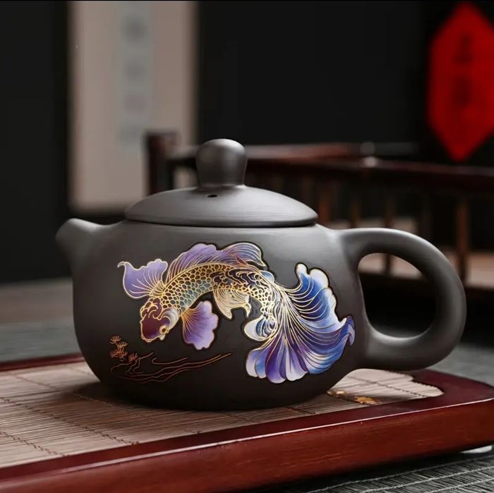 Глиняний чайник з птахом і квітами, або рибкою. Змінює колір, 200 мл.