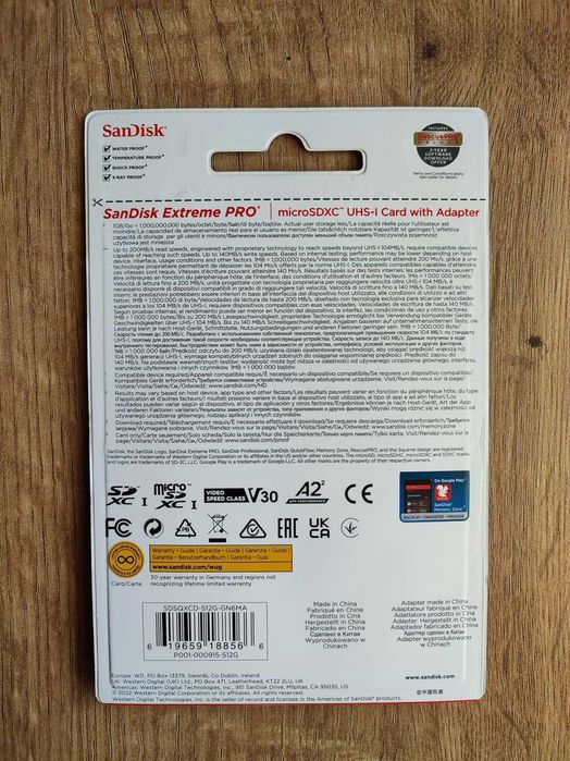 Karta pamięci microSDXC SanDisk Extreme PRO 512GB. Oryginalna. Nowa.
