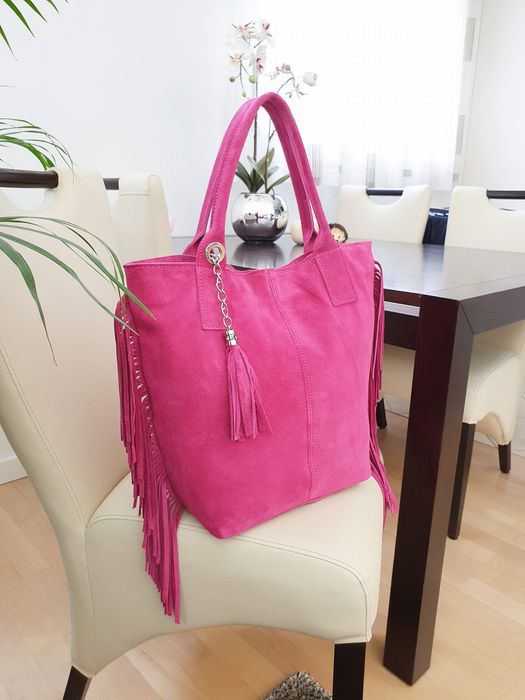 VERA PELLE torebka damska zamszowa shopper z frędzlami V460 fuksja