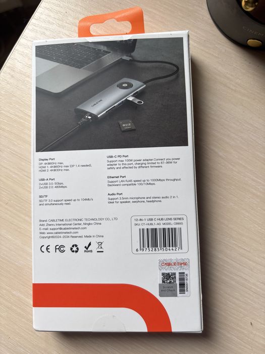 Usb-c адаптер для ноутбуків 12-1 Cabletime: DP, usb-a, sd-tf, usb- pd port, ethernet, 3.5mm