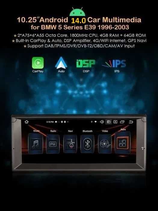 Auto radio 9" BMW E46 E39 53 Android 14 64GB Sem Botões