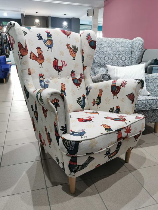 Fotel uszak kwiaty kolory hiszpański żakard