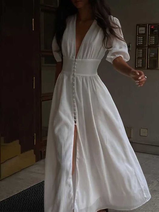 Nowa elegancka biała sukienka maxi z dekoltem w serek R. XXL