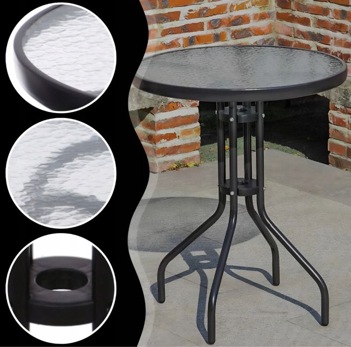 Stół Stolik Ogrodowy Kawowy Okrągły Szklany Metalowy Balkon Taras 60cm