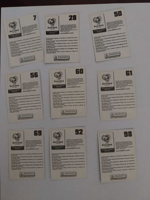 Lote 9 cromos autocolantes Euro 2004, futebol, coleção, UEFA, panini