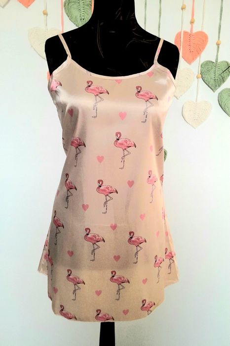 Koszula koszulka nocna mini satynowa beżowa flamingi L 40