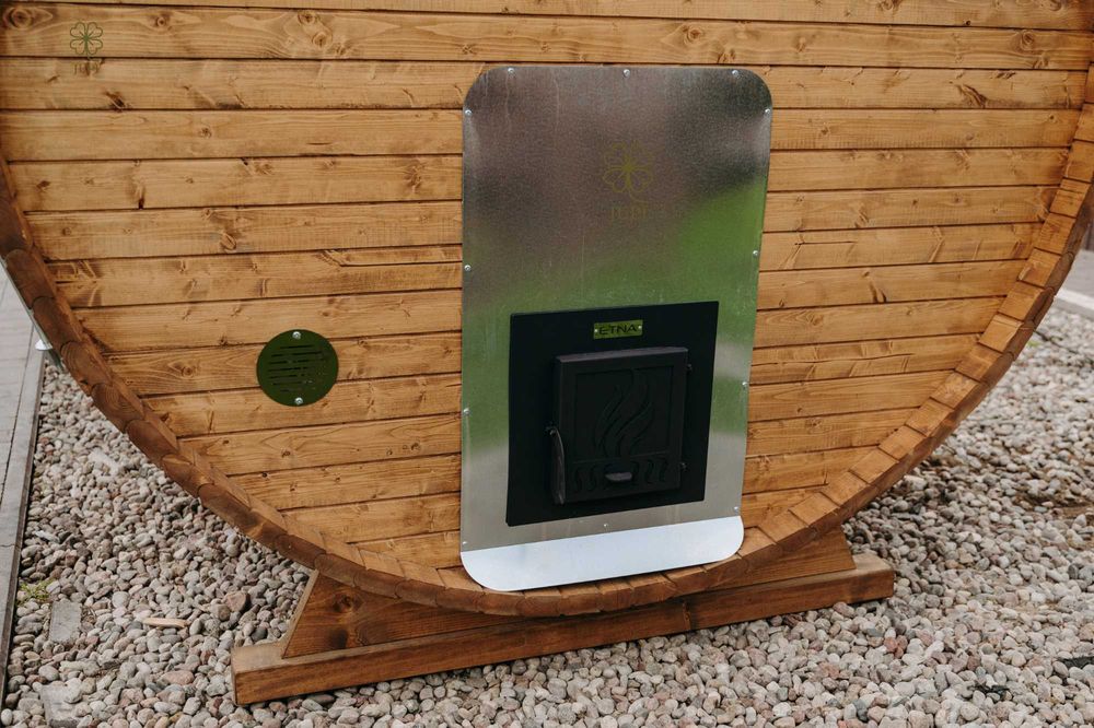 Sauna ogrodowa beczka 335cm z przedsionkiem piecem i oświetleniem LED
