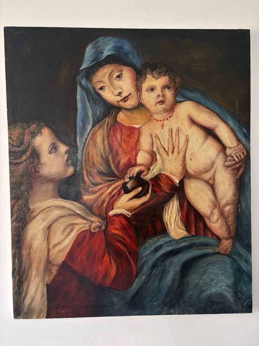 Reprodukcja renesansowego dzieła „Madonna z Dzieciątkiem i św. Marią Magdaleną” pędzla włoskiego malarza Tycjana (Tiziano Vecellio).