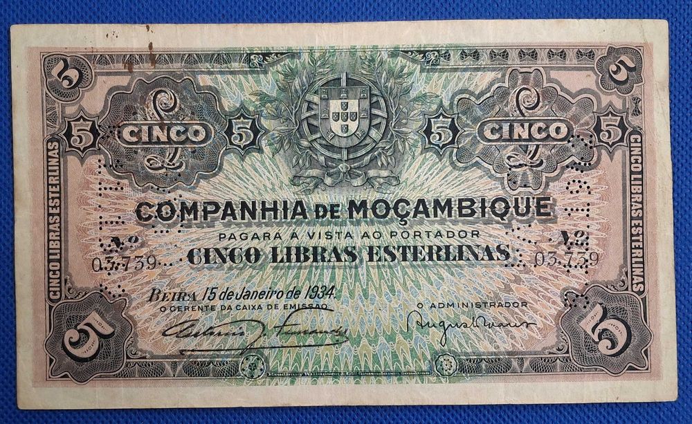 Portugal / Moçambique - 5 libras esterlinas 1934 (ver as fotos)