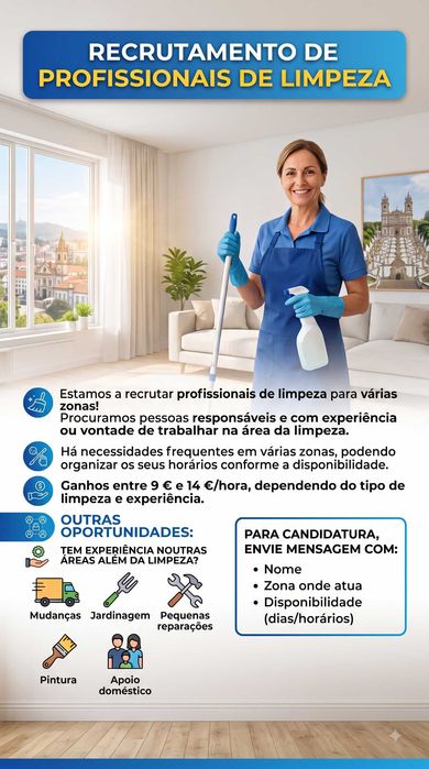 OPORTUNIDADE DE EMPREGO: Profissionais de Limpeza (Várias Zonas)