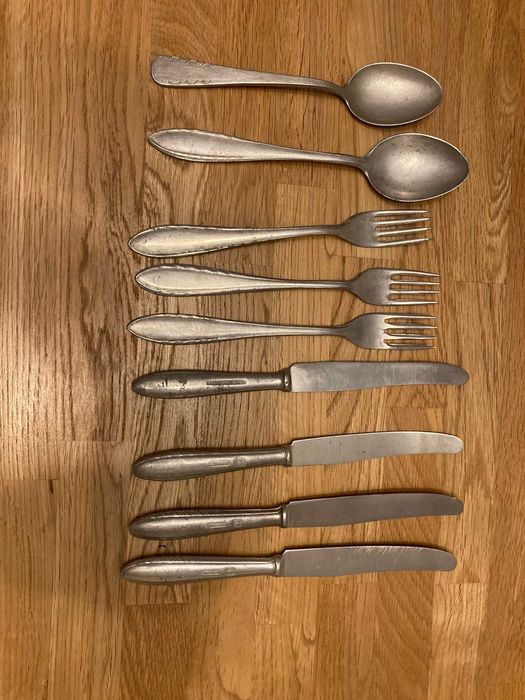 Sztućce aluminium PRL vintage łyżka widelec nóż zestaw 9 szt