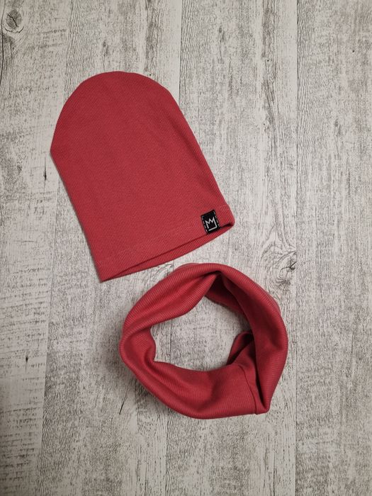 Czapka z kominem Mimi bawełniana kpl wiosenny prążkowany rozowy