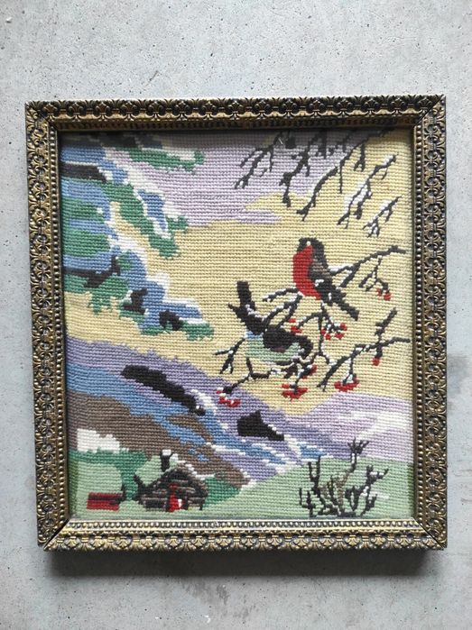 Stary obrazek Ptaszki Ptaki. Ręczny haft
