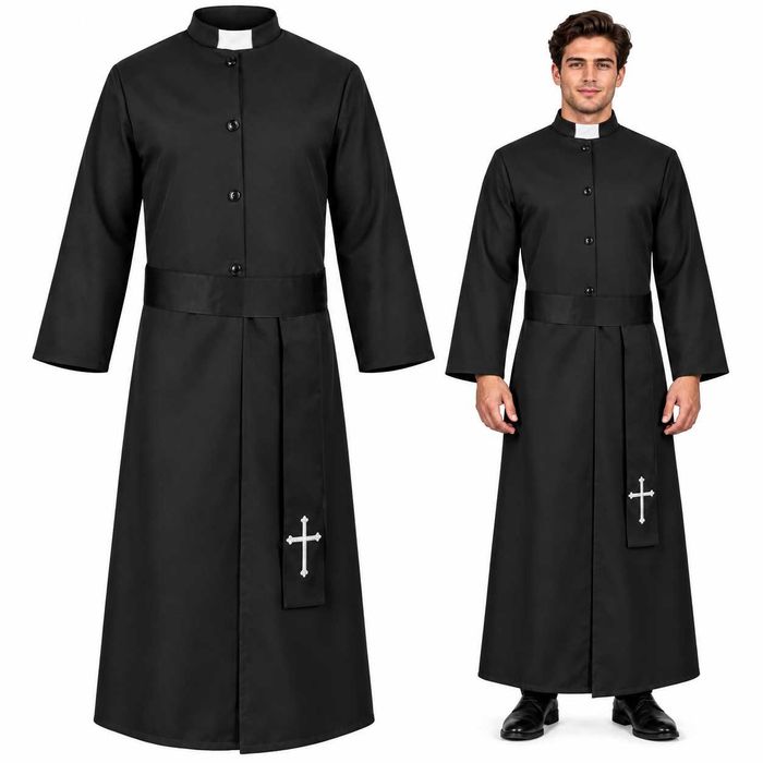Strój Księdza Halloween Sutanna 134 cm Koloratka Pas Krzyż