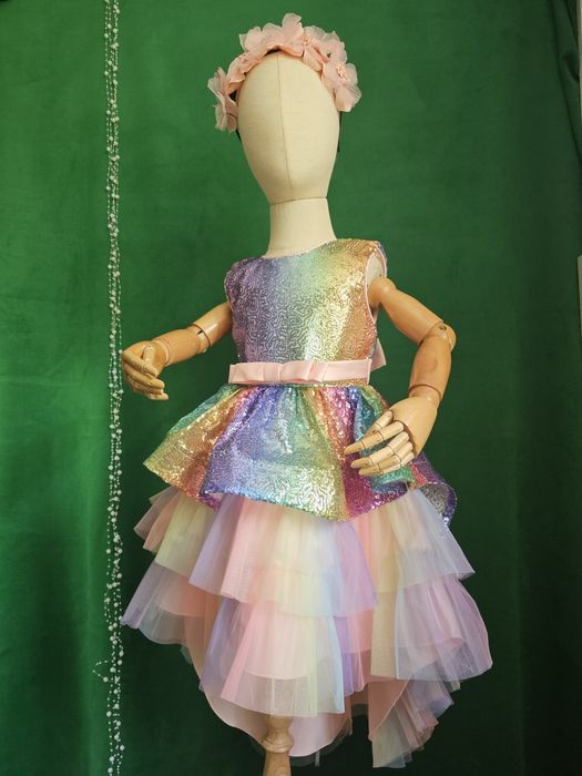 Дитяча шикарна кольорова рожева блискуча пишна сукня зі шлейфом 56789