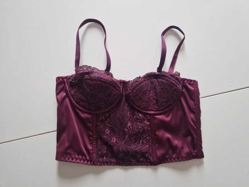 Gorset bralet bielizna 70B koronkowa śliwkowa satynowa Stanik