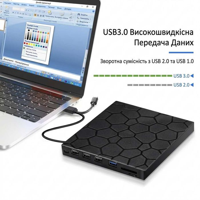Зовнішній CD/DVD RW дисковод з USB хабом 10 в 1 USB 3.0 Type-C привід оптичний з кардрідером Micro SD для ноутбука та макбуку