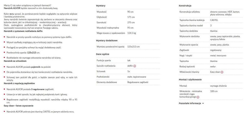 Narożnik ALVOR | ECRU | nowy, nieużywany | PROMOCJA