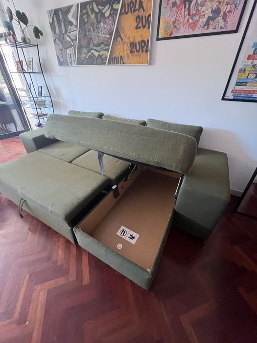 Sofa-cama 3 lugares com chaise longue reversivel GOSLING verde gato preto