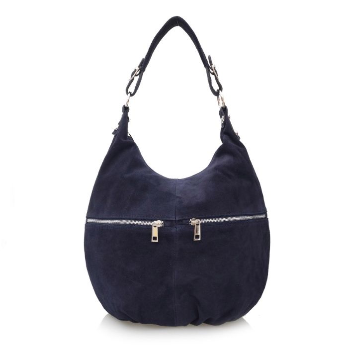 VERA PELLE torebka zamszowa worek z suwakami i paskiem V318 granatowa