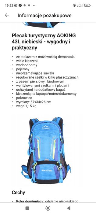 Plecak ze zdejmowanym stelażem 43l nowy