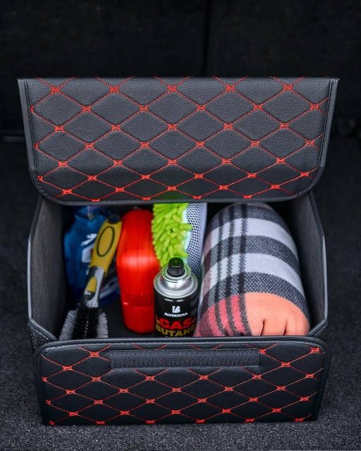 Органайзер в багажник (саквояж) з екошкіри (чорний з червоним рядком)