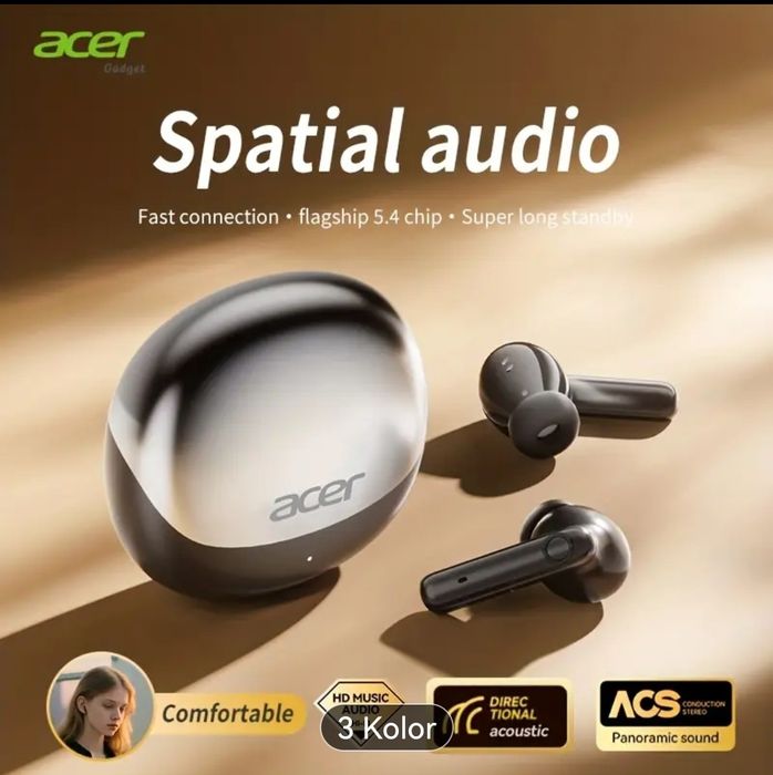 Słuchawki bezprzewodowe Acer In-Ear-TWS, super efekt stereo, 2 kolory.