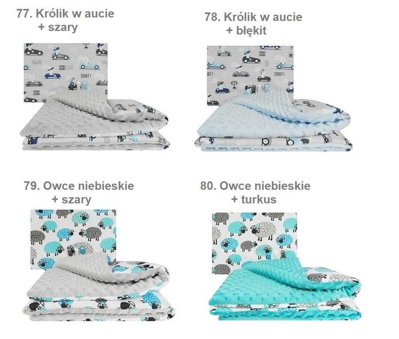 KOMPLET POŚCIELI minky Kocyk + Poduszka do wózka