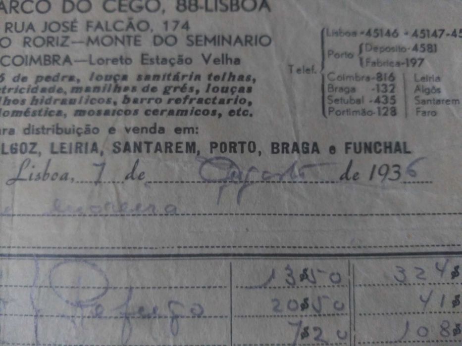 Fábrica Lusitânia - Rara Ordem de Entrega de Agosto de 1936