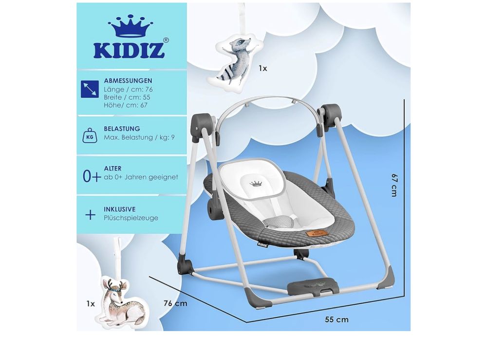 KIDIZ® Huśtawka dla niemowląt z 5 ustawieniami prędkości, składana
