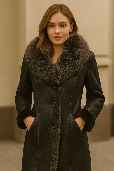 Шикарна натуральна дублянка з овчини та хутром песця Відмінний стан