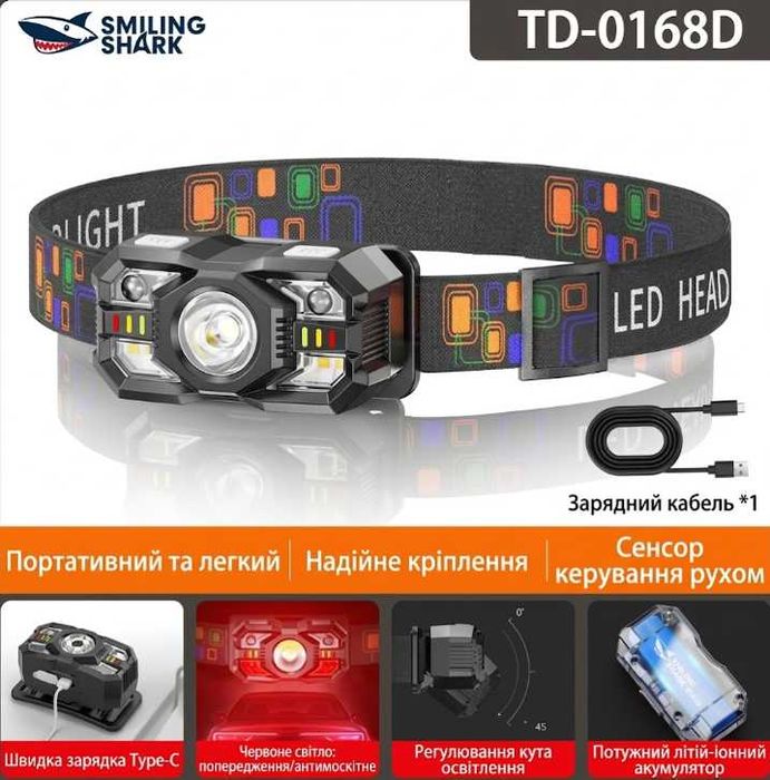 Налобний акумуляторний ліхтарик із датчиком руху (USB Type-C, 2500 mAh)