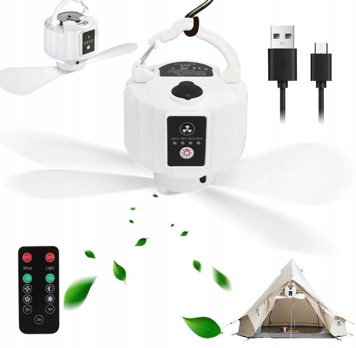 Przenośny Mini Wentylator Sufitowy 2w1 z Lampą LED – Nowy! (Kemping, Dom)