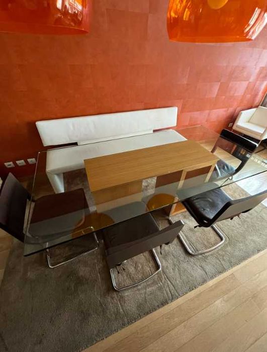 Mesa Jantar Vidro 200cm 6/8 Lugares + 4 Cadeiras e Banco