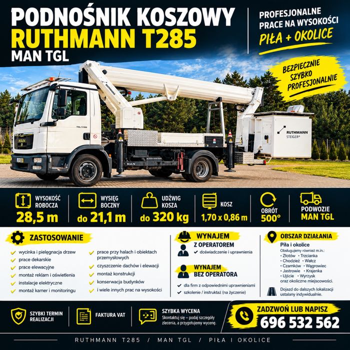 Podnośnik koszowy 28,5 m RUTHMANN T285 | Wynajem | Piła i okolice  PROFESJONALNY PODNOŚNIK KOSZOWY – PIŁA I OKOLICE