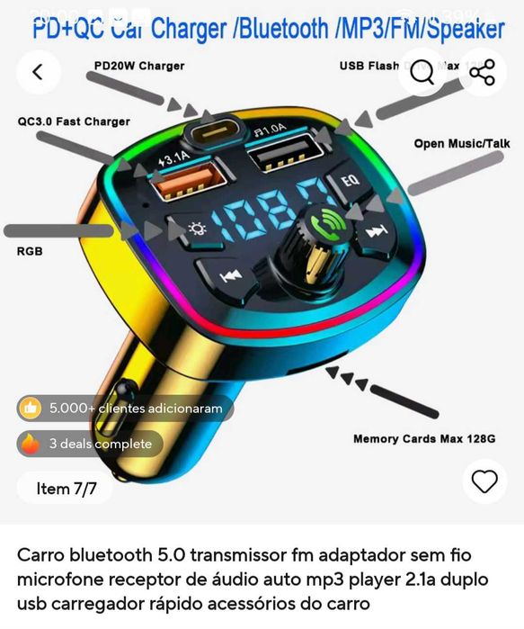 Carregador USB carro e música