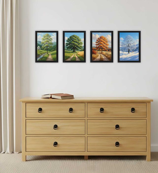 Zestaw obrazów w ramkach 4xA4 "Cztery Pory Roku" | Rustykalny, Olejny