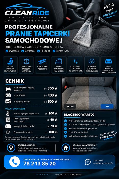 Pranie tapicerki samochodowej, czyszczenie pojazdów i dywanów - dojazd do klienta!