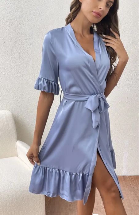 Шовковий халат з рюшами і поясом, жіночий домашній халат шовк сатин