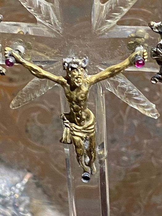 Crucifixo Cristal Cristo Ouro séc XVII 31 cm  Relicário Arte Sacra