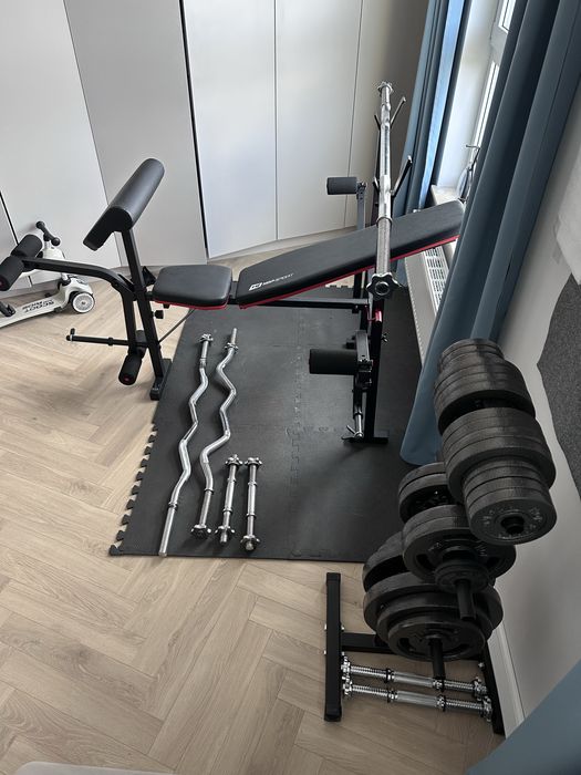 Zestaw siłownia 146kg – ławka HS-1065HB, gryfy, hantle, obciążenia