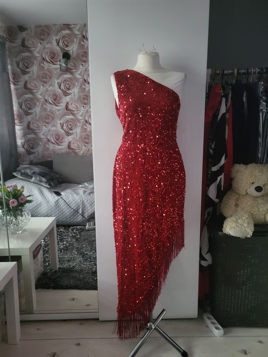 Czerwona cekinowa sukienka asymetryczna na jedno ramię XL-XXL