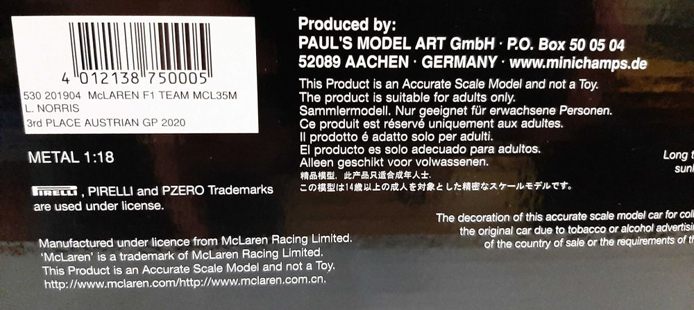 Lando Norris Mclaren MCL35D Minichamps F1