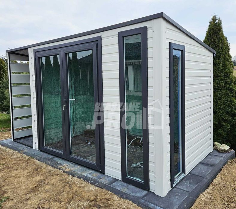 Schowek – domek ogrodowy 3,5×2 m + wiata 1×3 m biały – antracyt  GP748