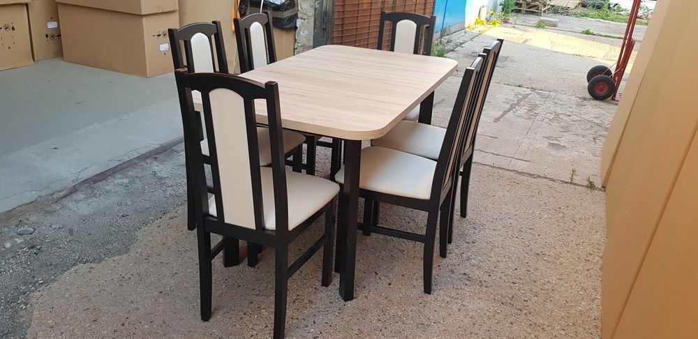 Nowe: Stół 80x140/180 + 6 krzeseł, CZARNY/blat sonoma + CREM