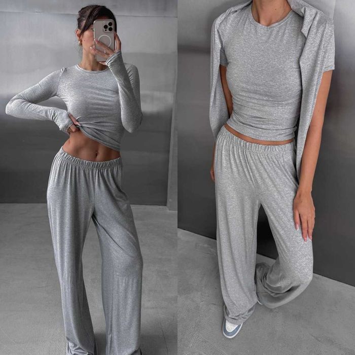 Жіночий костюм 3в1 трійка топ + лонгслів + штани палаццо нат. віскоза