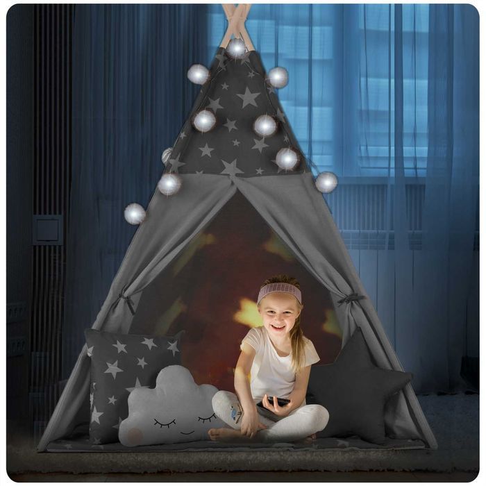 Namiot tipi dla dzieci, z girlandą i światełkami, Nukido, 120x120x165