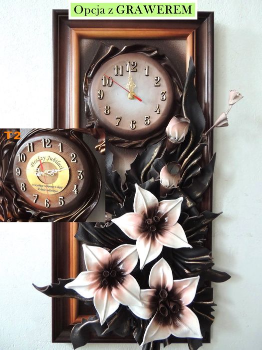 Obraz + zegar ze skóry - rękodzieło na prezent + GRAWER