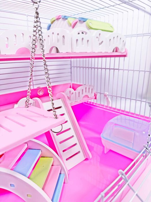 ТОП! Яркая Розовая клетка для хомяка G06 с 3 этажами, 47×29×30 см