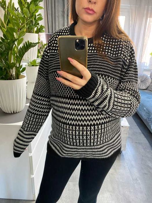 Czarno biały sweter we wzory H&M Divided  M-XL Wełna